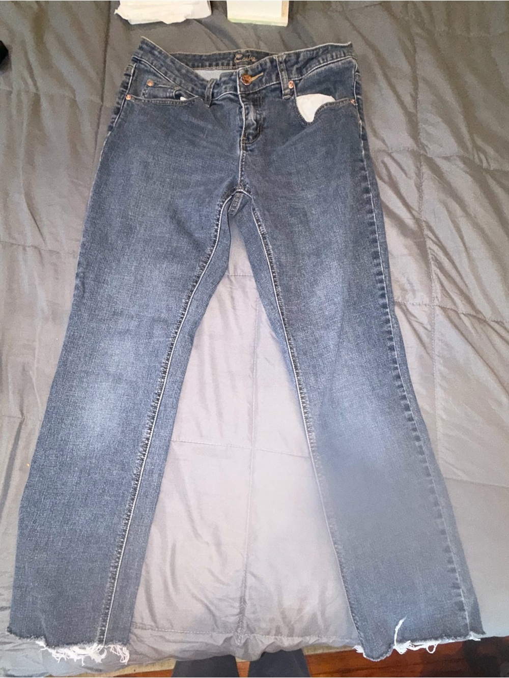 Cache Distressed Flare Jeans Size 8 Embroidered Back Pockets Stretch Denim